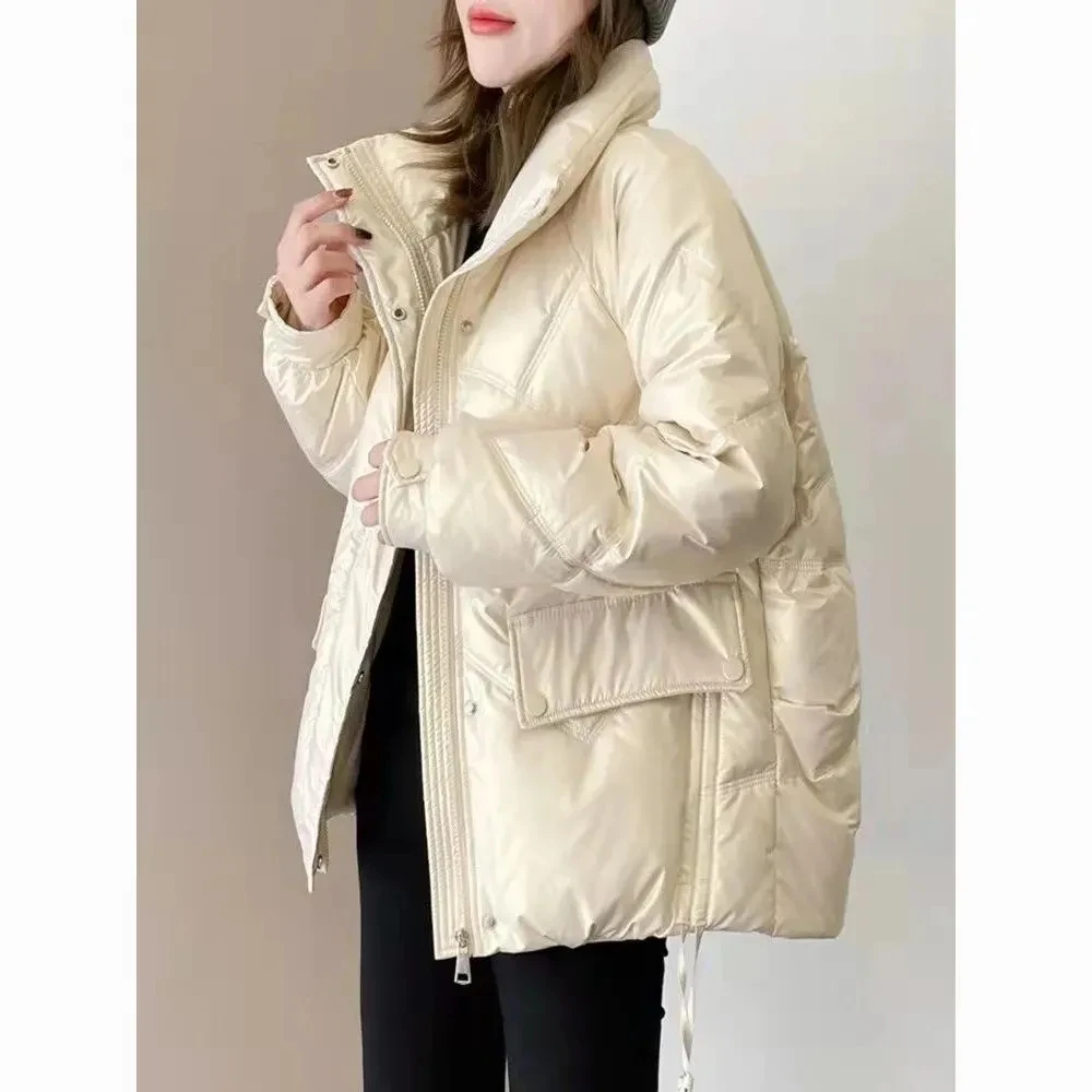 Casaco de algodão lustroso feminino, Parkas coreano solto e grosso quente, gola alta, jaqueta Fuffer com zíper, jaquetas casuais femininas, inverno