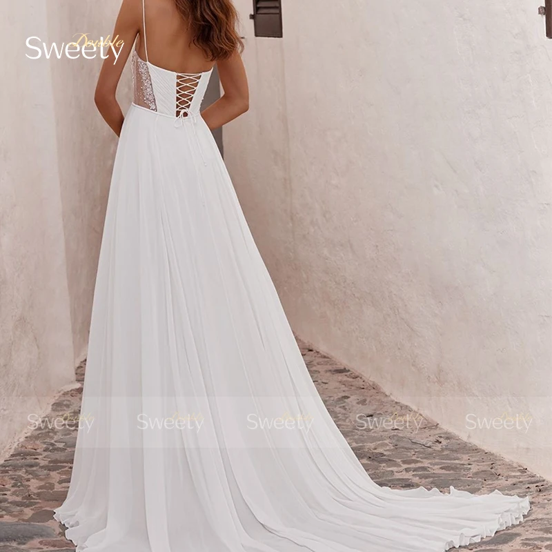 ZOCI Romantic Slit A Line Wedding Dress Chiffon Sequins With Beach Ball Gown Sweetheart V-Neck Spahrtti Strap Bride Back Lace Up