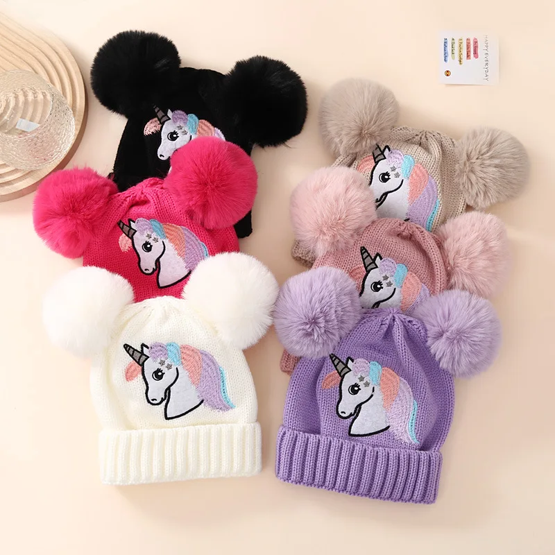 Winter Girls Unicorn Double Pompom Knitted Hat Embroidery Cartoon Warm Caps For Children