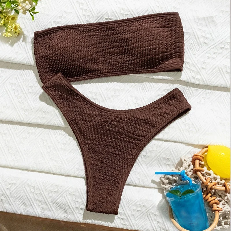 

Sexy Ribbed Coffee Bandeau Bikinis Sets Two Pieces High Waist Thong Swimsuit Bathing Suit Swimwear Biquini Bakini Trikini