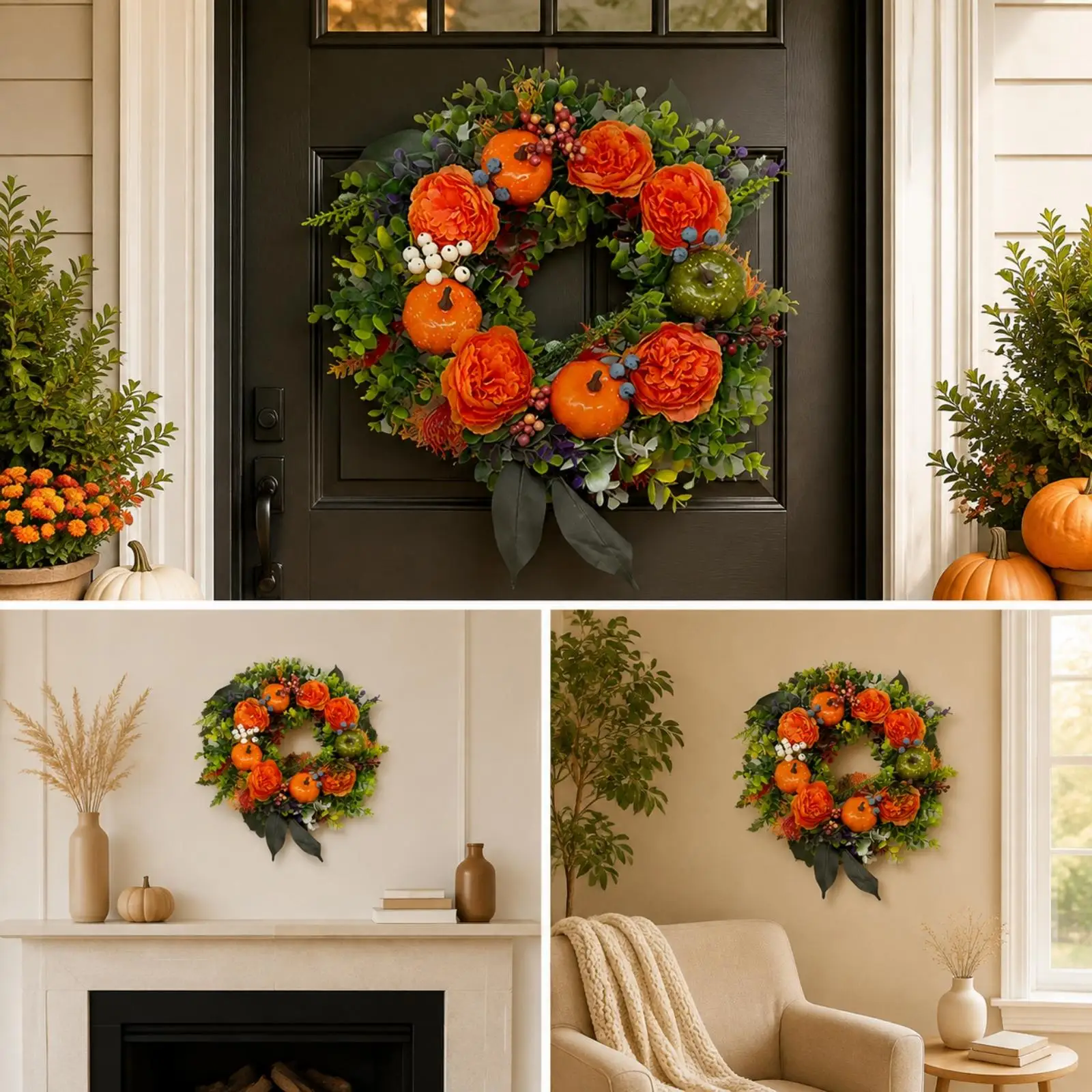 Fall Wreath for Home Door Artificial Autumn Decoration with Berry Accents and Dark Bow