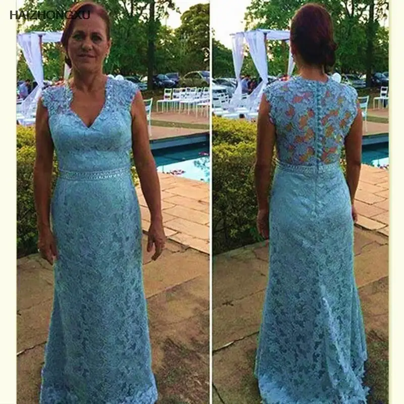

Light Sky Blue Lace Mother of the Bride Dress Floor Length V Neck Cap Sleeve Long Wedding Party Dresses Evening Cocktail Gowns