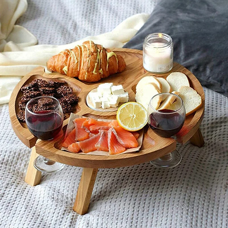 Houten opvouwbare picknicktafel voor buiten, draagbaar 2-in-1 wijnglasrek, opvouwbaar bureau, wijnglasrek, tafelpicknickbak