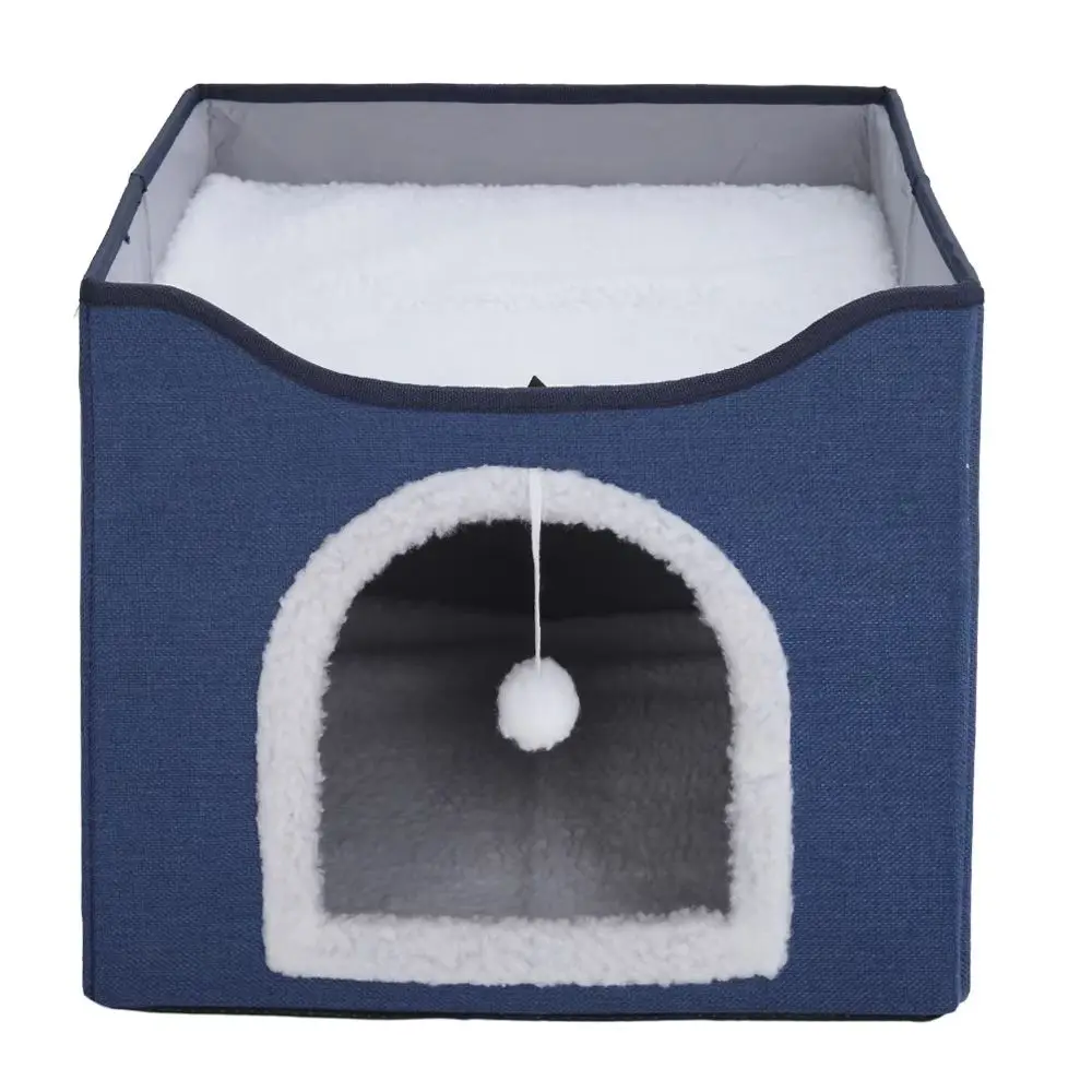 Navy Foldable Multifunctional Cat Bed with Scratching Pad