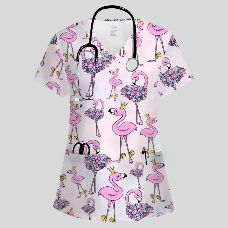 Women's cartoon printVShort-sleeved medical workwear with collar Casual dental clinic workwearTShirt Summer uniform top