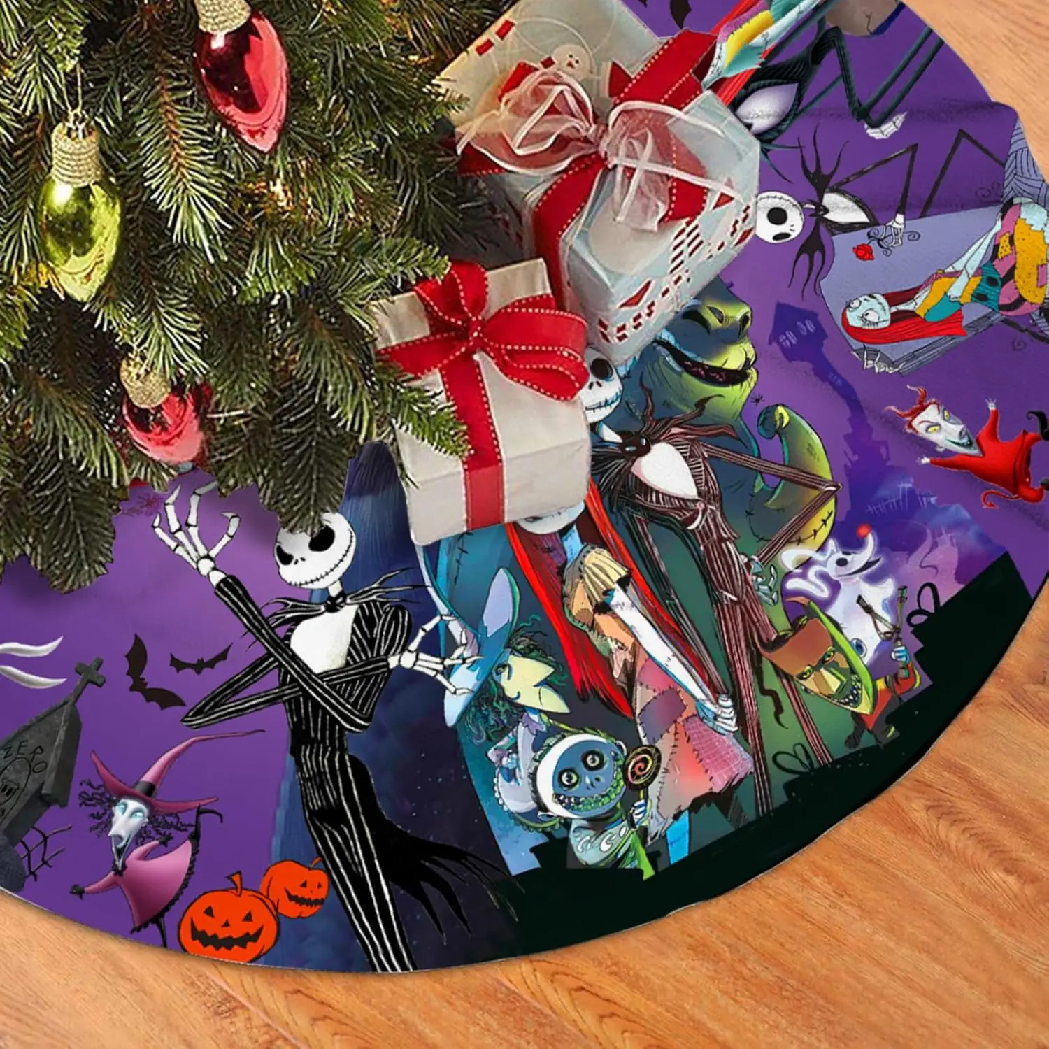 Halloween Tree Skirt 36 in Jack Skulls for Holiday Halloween Christmas, Purple Tree Skirts Mat Decorations, Festival Home Decor