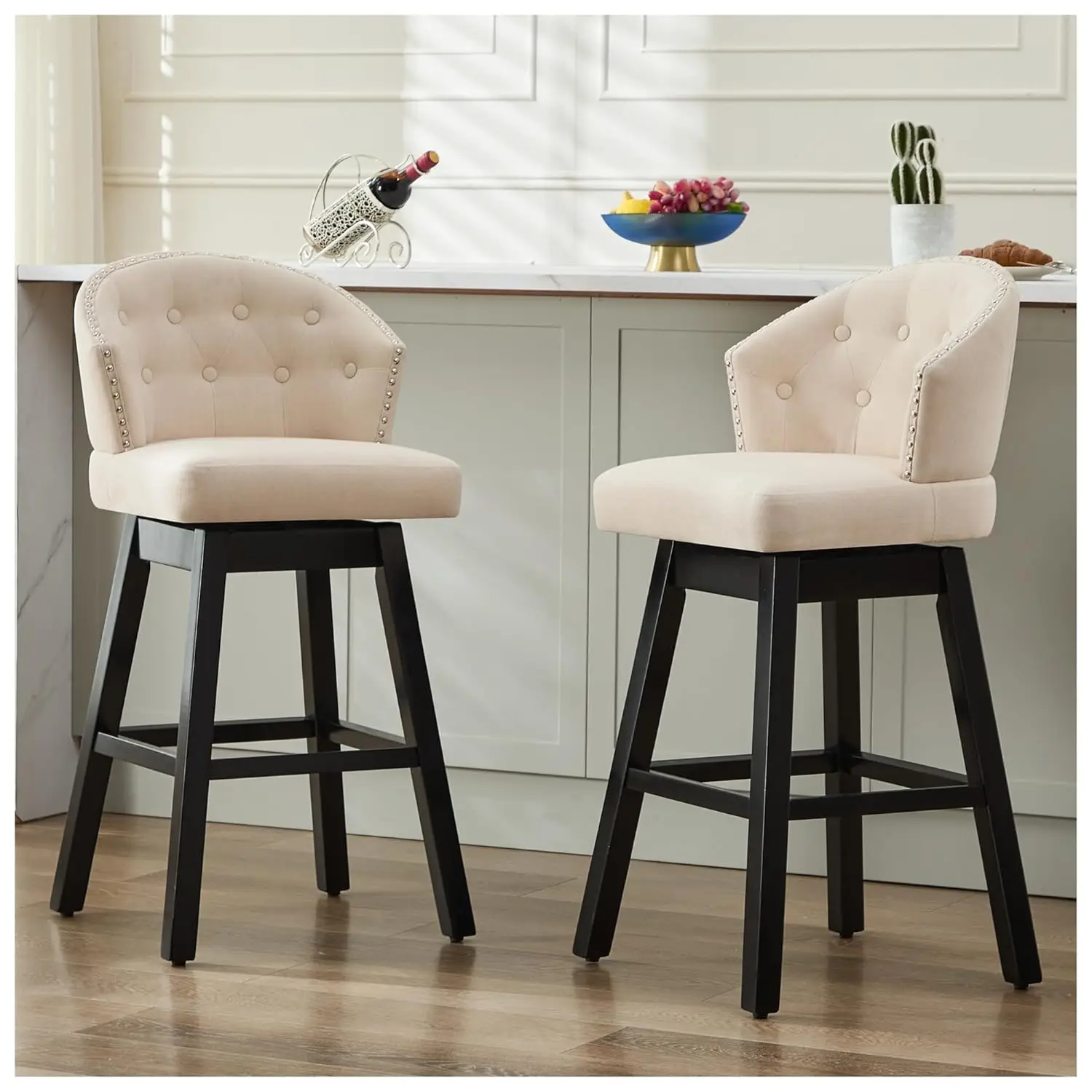 

Поворотные барные стулья с мягкой обивкой 28 дюймов на 360° ° Набор из 2-х деревянных ножек для кухонной стойки с льняной спинкой, бежевый, по индивидуальному заказу