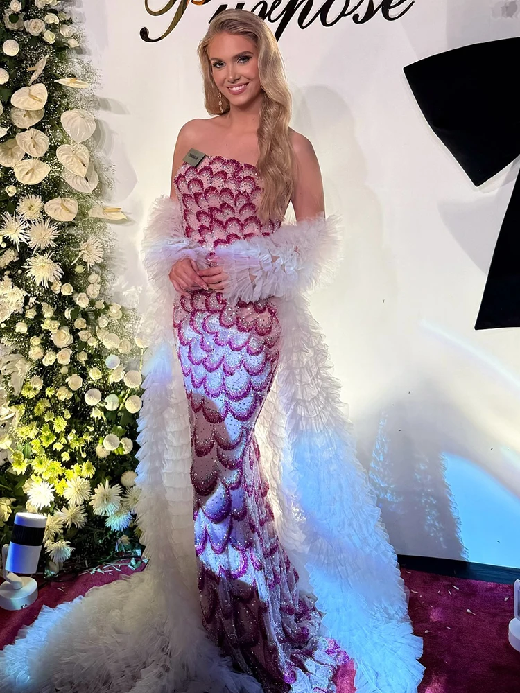 2026 Luxury Pink Sequin Strapless Mermaid Evening Gown for Women Scalloped Pattern Bodycon Formal Maxi Dress for Wedding Guest