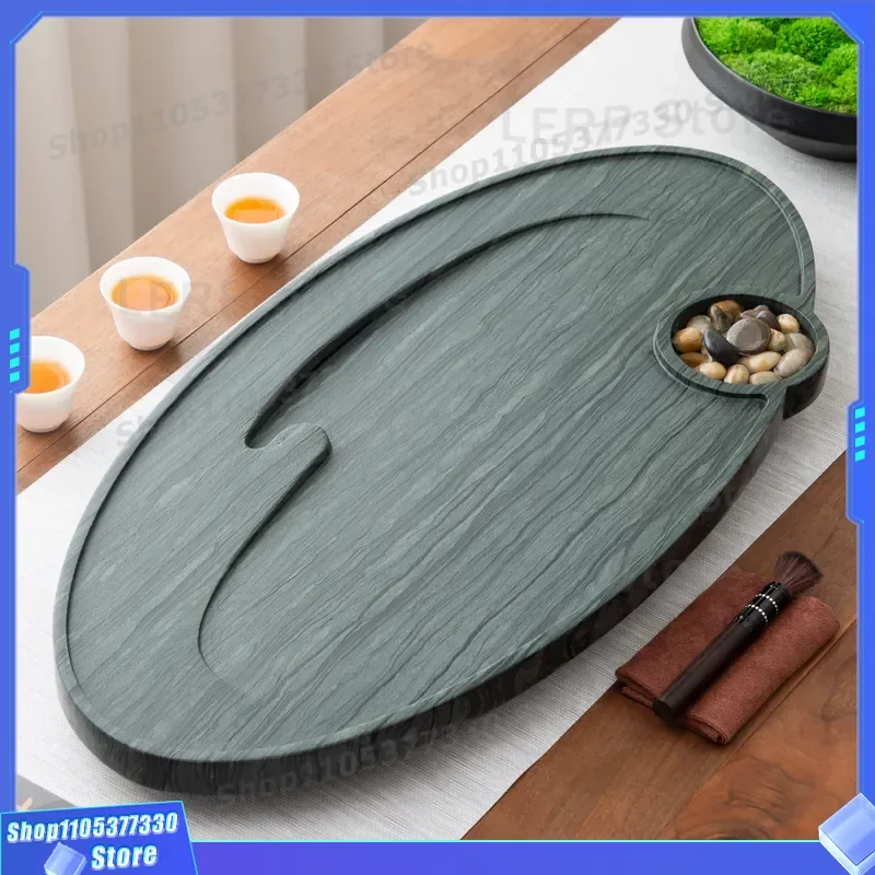 Natural Huangting Jade Tea Tray Round Stone Tea Table Whole Wood Grain Design Simple Light Luxury Style For Living Room