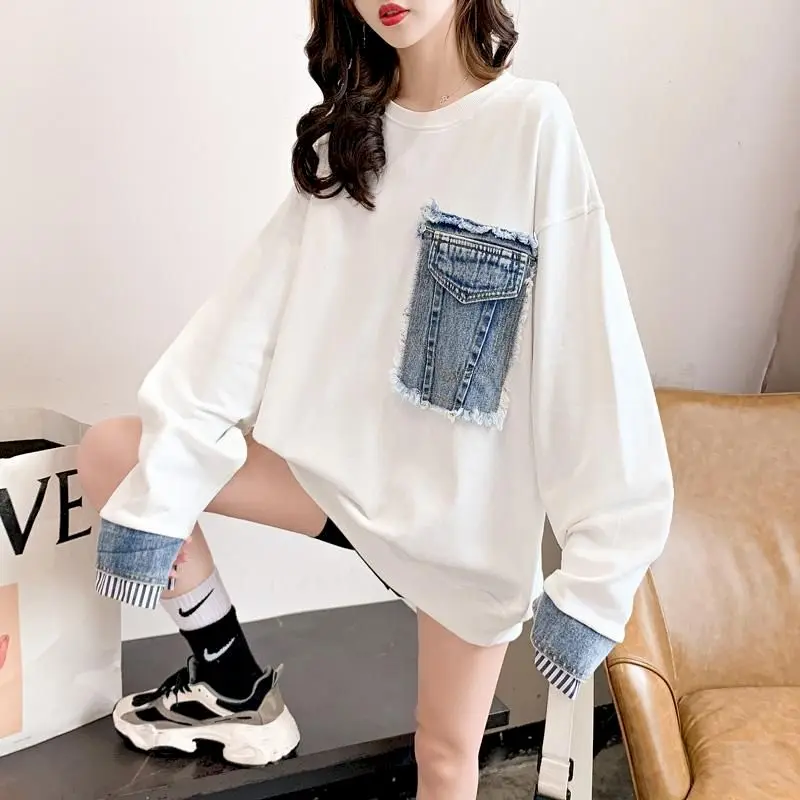 Casual Fashion Pullovers Women Denim Stitching Fake Two-piece Pullover Autumn 2024 New Loose Korean Mid-length All-match Tops