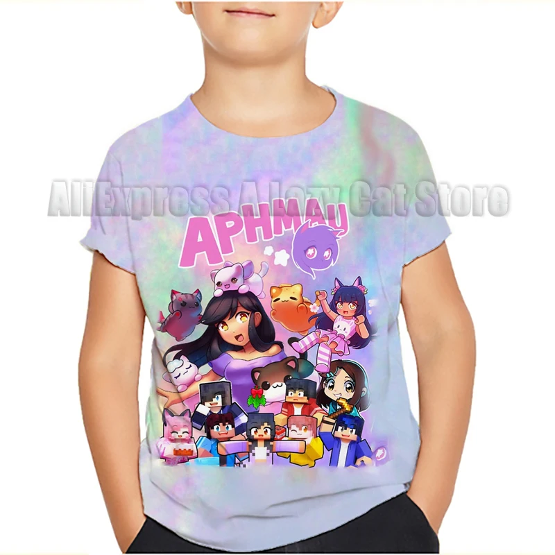 Aphmau meows เสื้อยืดแมวลายการ์ตูนสำหรับเด็ก, เสื้อยืดเสื้อผ้าเด็กเล็กแขนสั้นเด็กหญิงเด็กชายฤดูร้อน