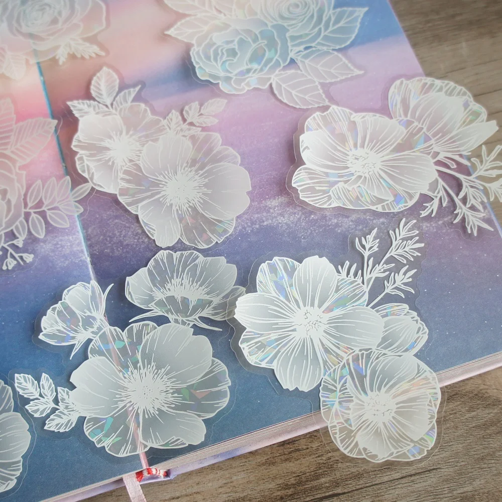 10pcs Laser White Hydrangea Lily Rose Flowers Style Sticker Scrapbooking DIY Gift Packing Label Decoration Tag