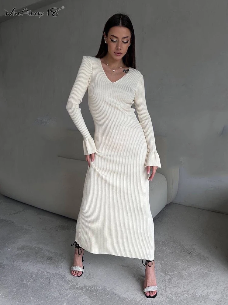 Mnealways18 V-Neck Elegant Ribbed Knitted Dress Flare Sleeves Womens Midi Dress Office Ladies Knitting Bodycon Dress Winter 2024