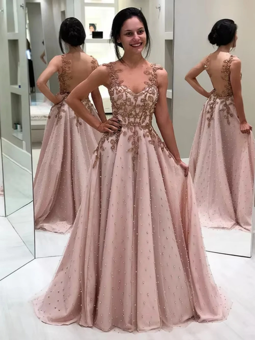 Robe de Soirée Longue en Tulle avec Perles Brillantes, Ligne A, Classique, Dentelle, Appliques, Bal, Mariage, Sur Mesure