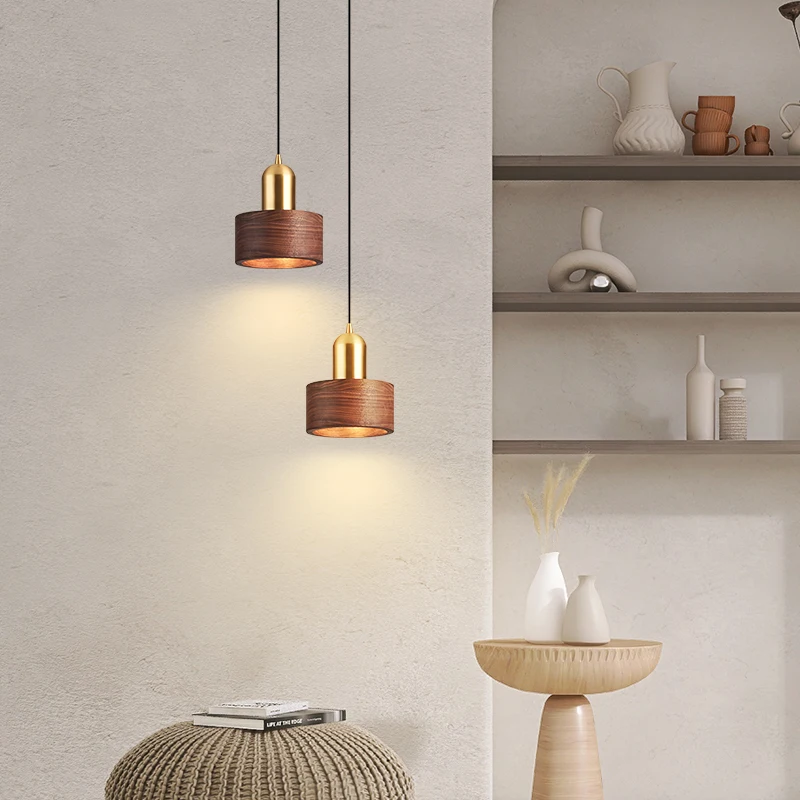 Chinese Style LED Pendant Light Walnut Wood Material Lampshade for Hotel Balcony Study Home Interior Bedroom Chandelier Decor