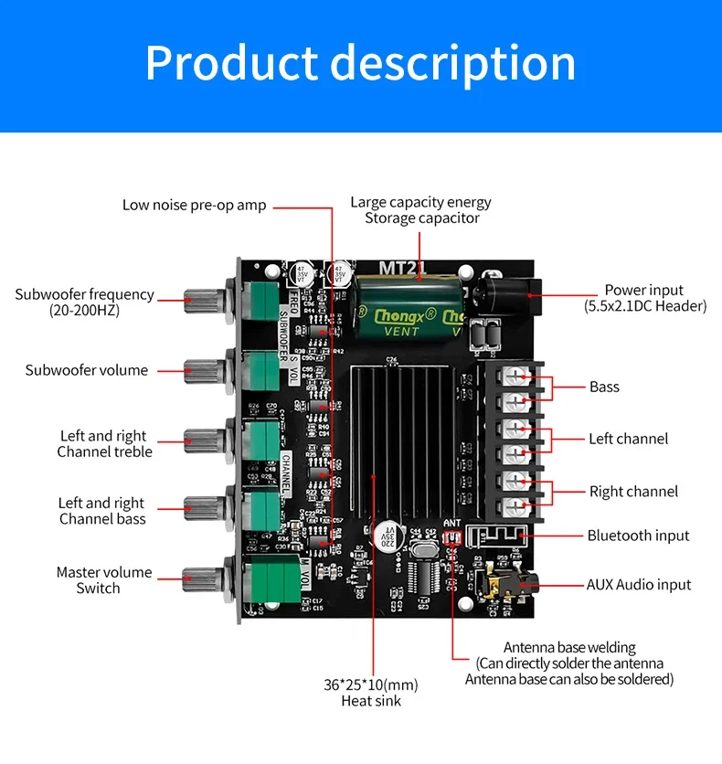 ZK-MT21 Bluetoothデジタルアンプモジュール,2.1チャンネル,高音および低音,補助入力,オーディオ