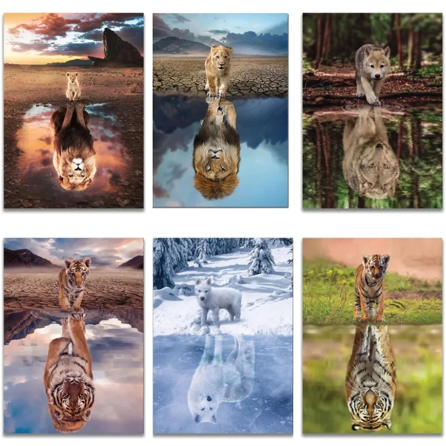 Wild Animal Reflection Landscape Jigsaw Puzzle, Lion Tiger Wolf Cub Mirror Water Sunset Snow Mountain Nature Wildlife Wall Decor