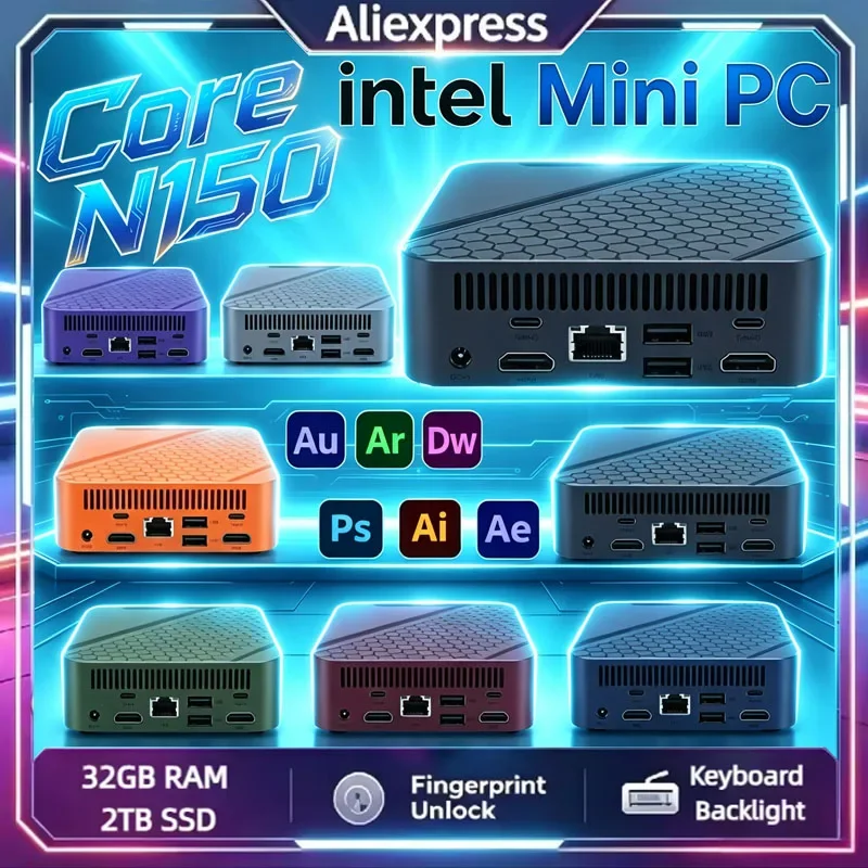 新型ポータブルミニデスクトップホスト-core-n150-wifi6-bt52-デュアルギガビットlan-トリプル4kマルチディスプレイ-コンパクトオフィスビジネスpcユニット