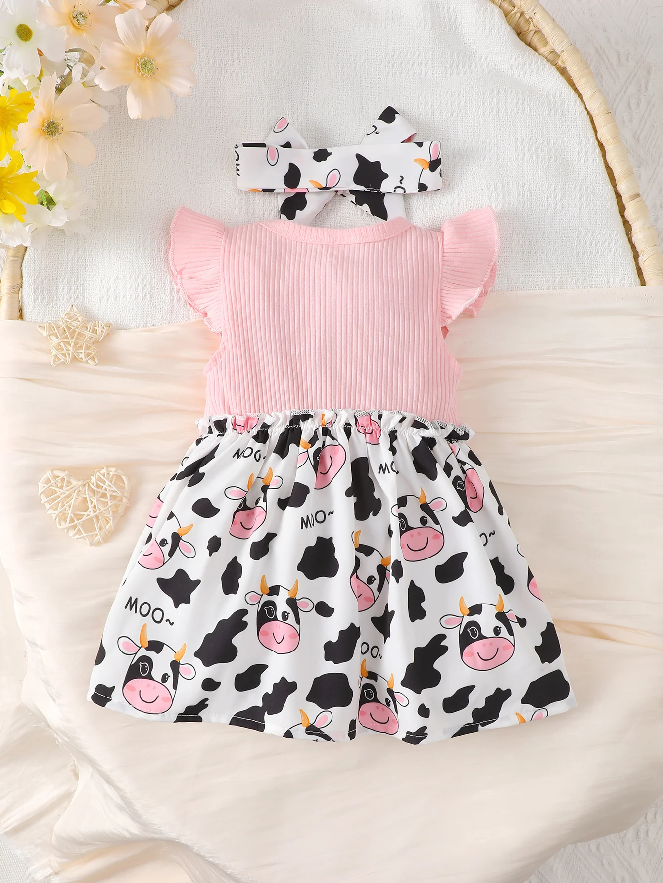 Cute Cartoon Cow Baby Girl Dress Skin-Friendly Round Neck Flying Sleeve Patchwork Design Lively Skirt Bow Headband Two-Piece Set