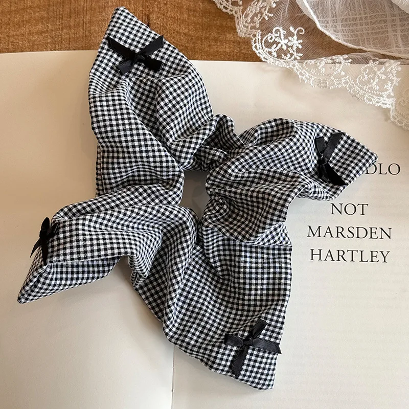

Large Black White Checkered Striated Leopard Print Bowknot Heart Intestine Hair Ties for Women Fashion Temperament Scarf