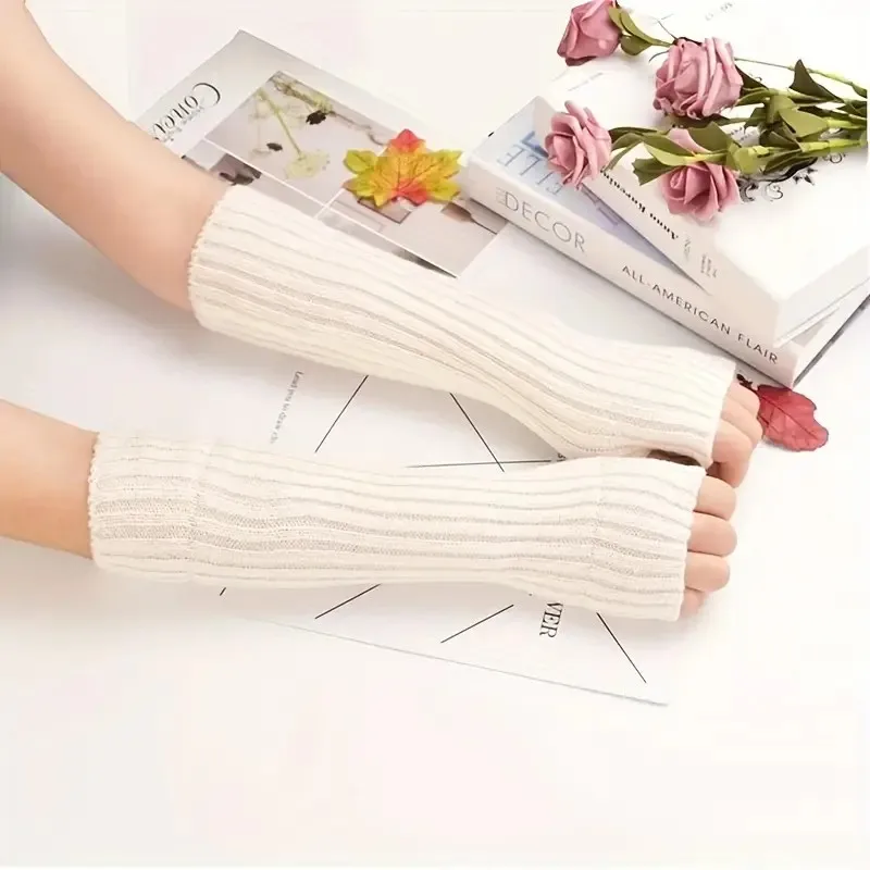 

1 Pair Loose-Fit Knitted Fingerless Gloves, Solid-Colored, Half-Fingered, Warm, Elastic, Punk-Style Gloves, Casual Sleeves, Wome
