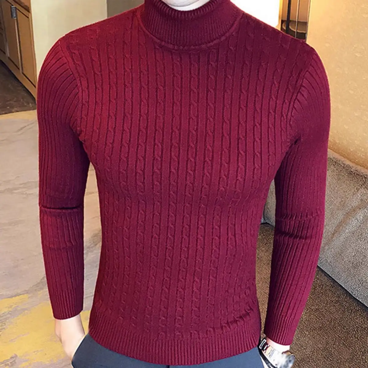 

Autumn Winter Solid Color Turtleneck Sweater Men Slim Knitted Wools Pullover Fashion Men Casual Warm Elasticity Pullover Sweater