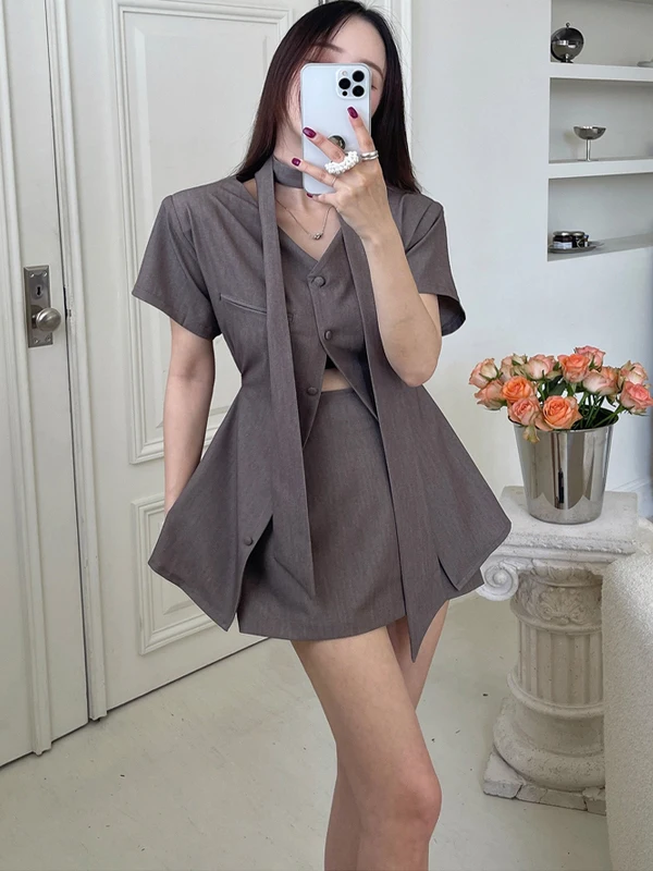 

Ele V-Ne ort Sve Suit Dr Women's High Waist Belted Skirt Two-Piece Set Summer Faion Outfit Casual Workwear