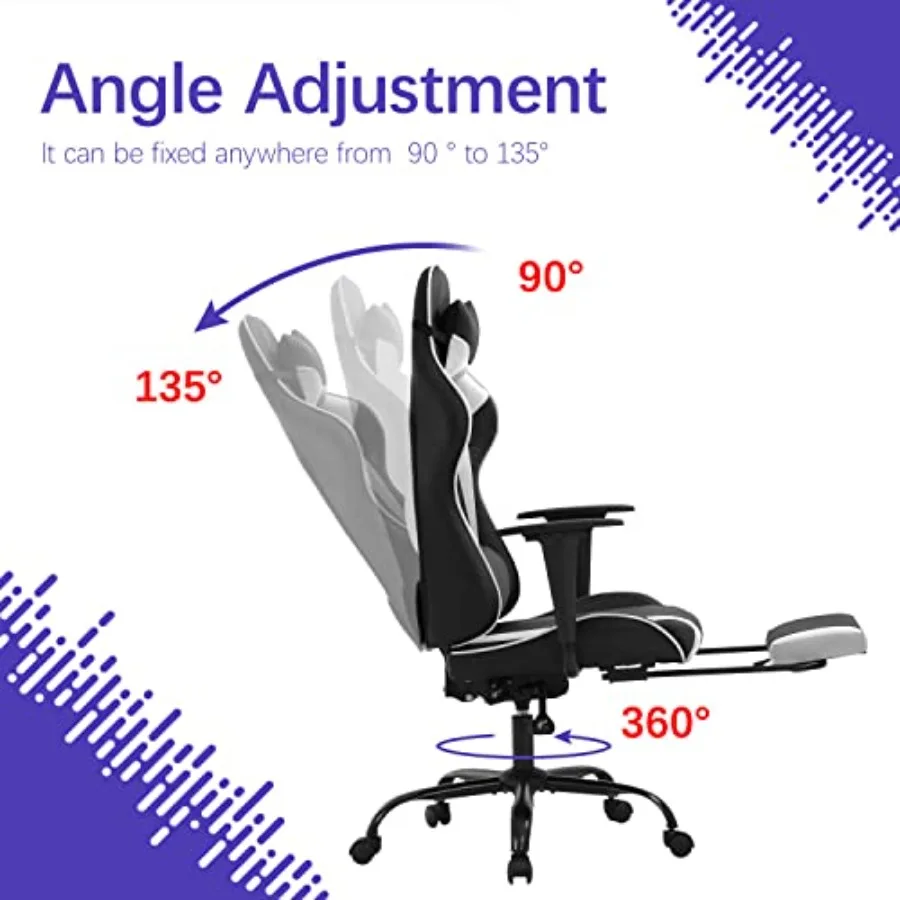 Gaming Chair for Home Office: Ergonomic Racing Style Computer Chair in White with Adjustable High Back, Footrest, Headrest, and view 4