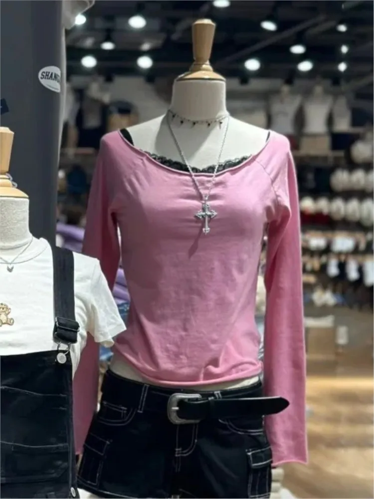 Camisetas de manga larga con dobladillo crudo rosa para mujer, Tops cortos informales de algodón ajustados con cuello redondo, camisetas bonitas Vintage dulces para mujer