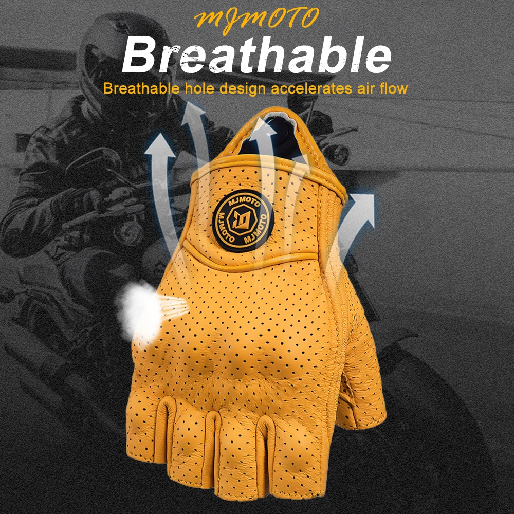 Summer Yellow Leather Motorcycle Gloves Fingerless Motorbike Motocross Riding Gloves Half Finger Retro Moto Biker Cycling Gloves