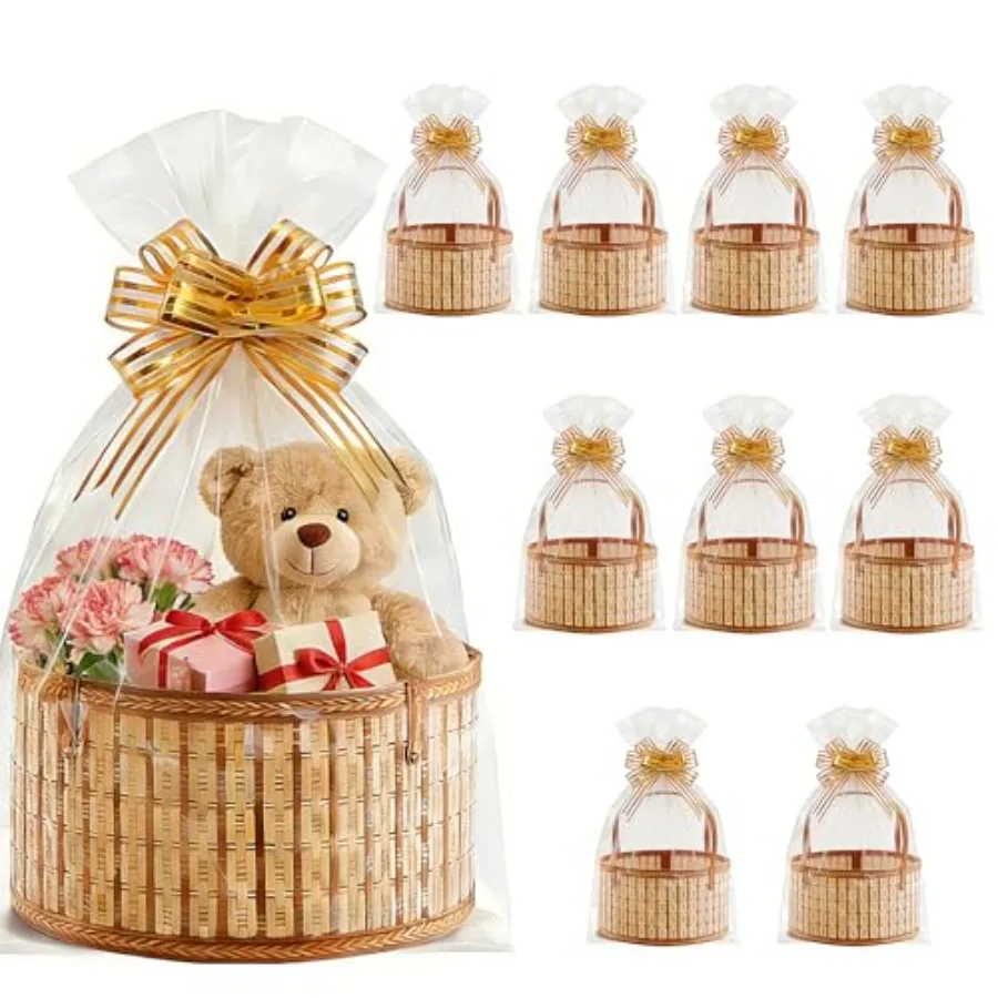 

10 Set Baskets for Gifts Empty Round Woven Bamboo Gift Baskets with Handle Wrap Bags Pull Bows for Graduation Parties Weddings