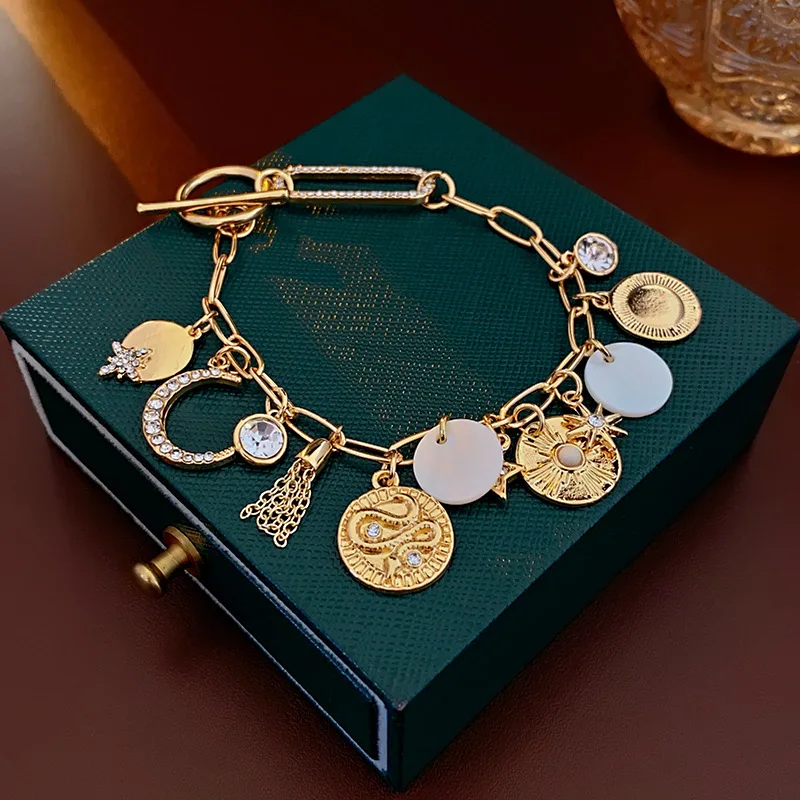 

2024 New Fashion Shiny Golden Zirconia Mother-of-pearl Bracelet for Women Star Moon Snake Pendant Holiday Daily Jewellery Gifts