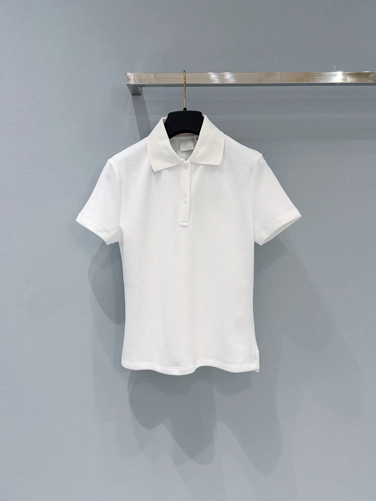 Polo en coton blanc slim décontracté pour femme, col rabattu, manches courtes, couleur unie, collect