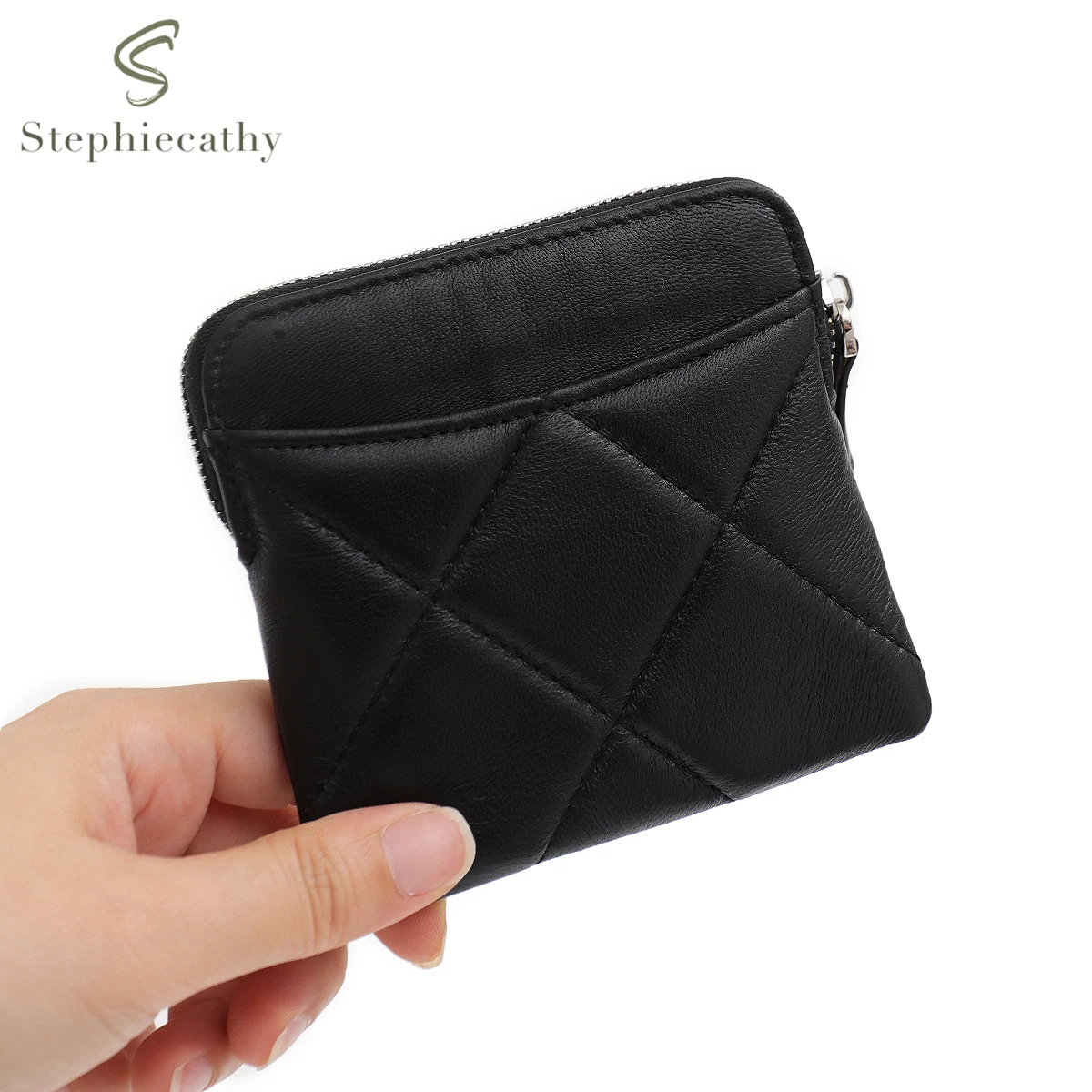SC  Women's Fashion Thread Quilted Sheepskin Small Wallet Multi Slots Card Holder Zip Money Bag Portable Versatile Coin Purse