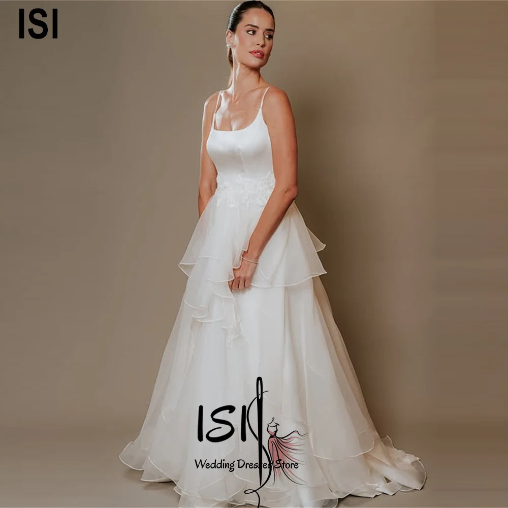 ISI Classic Square Colla Women's Wedding Dress Spaghetti Strap Pleats A-line Bridal Gown Vestidos De Novia Customised