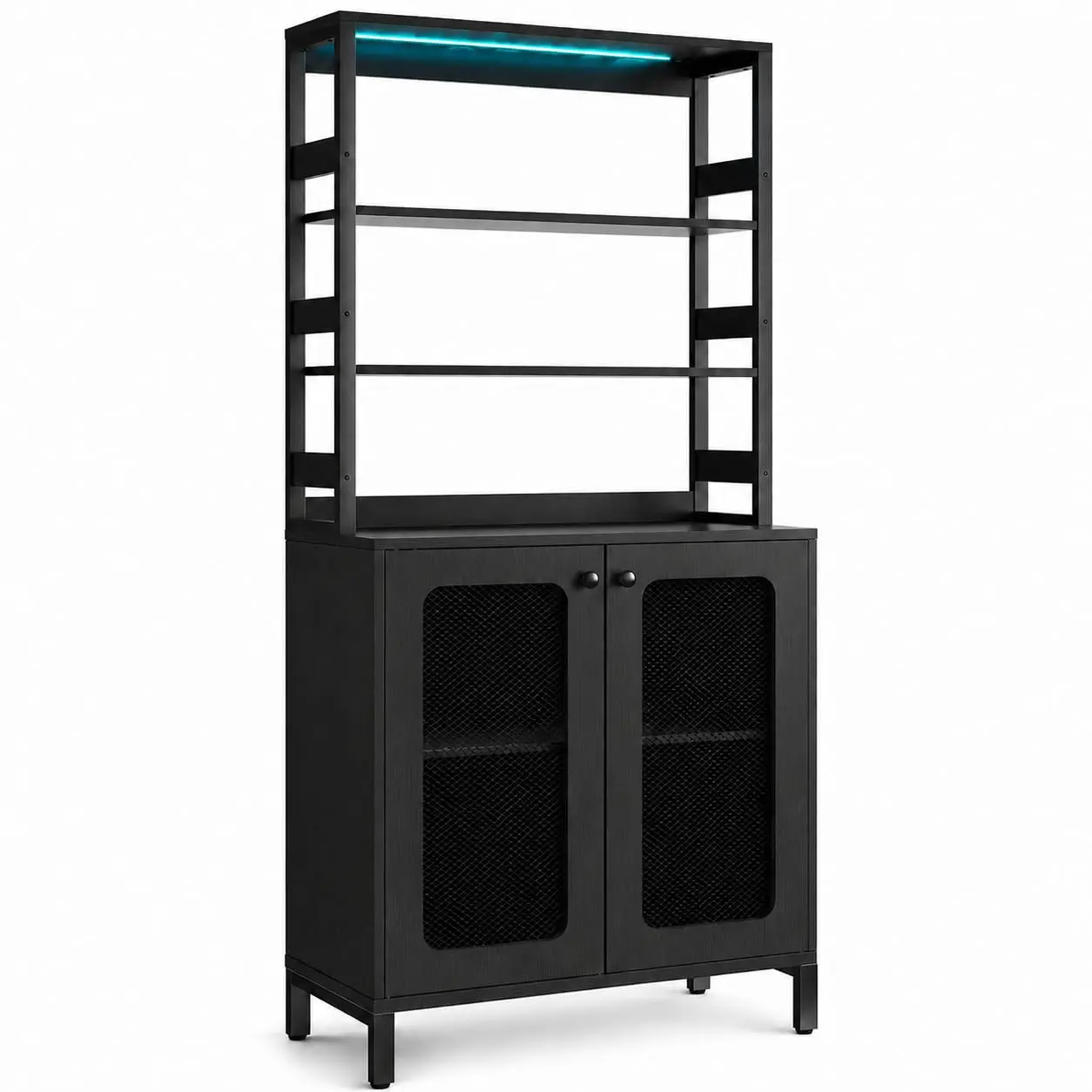 Farmhouse 66-Inch Bakers Rack, Built-in Power Outlet & USB, LED Lights, Adjustable Shelves, Coffee Bar Cabinet with Microwave
