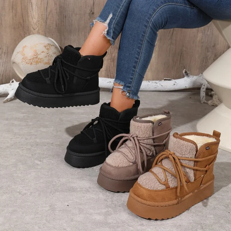 Bottes de neige à plateforme, à lacets, avec décorations, en laine d'agneau, semelle épaisse, bottines, grande taille 36-42, nouvelle collection hiver 2026 pour femme