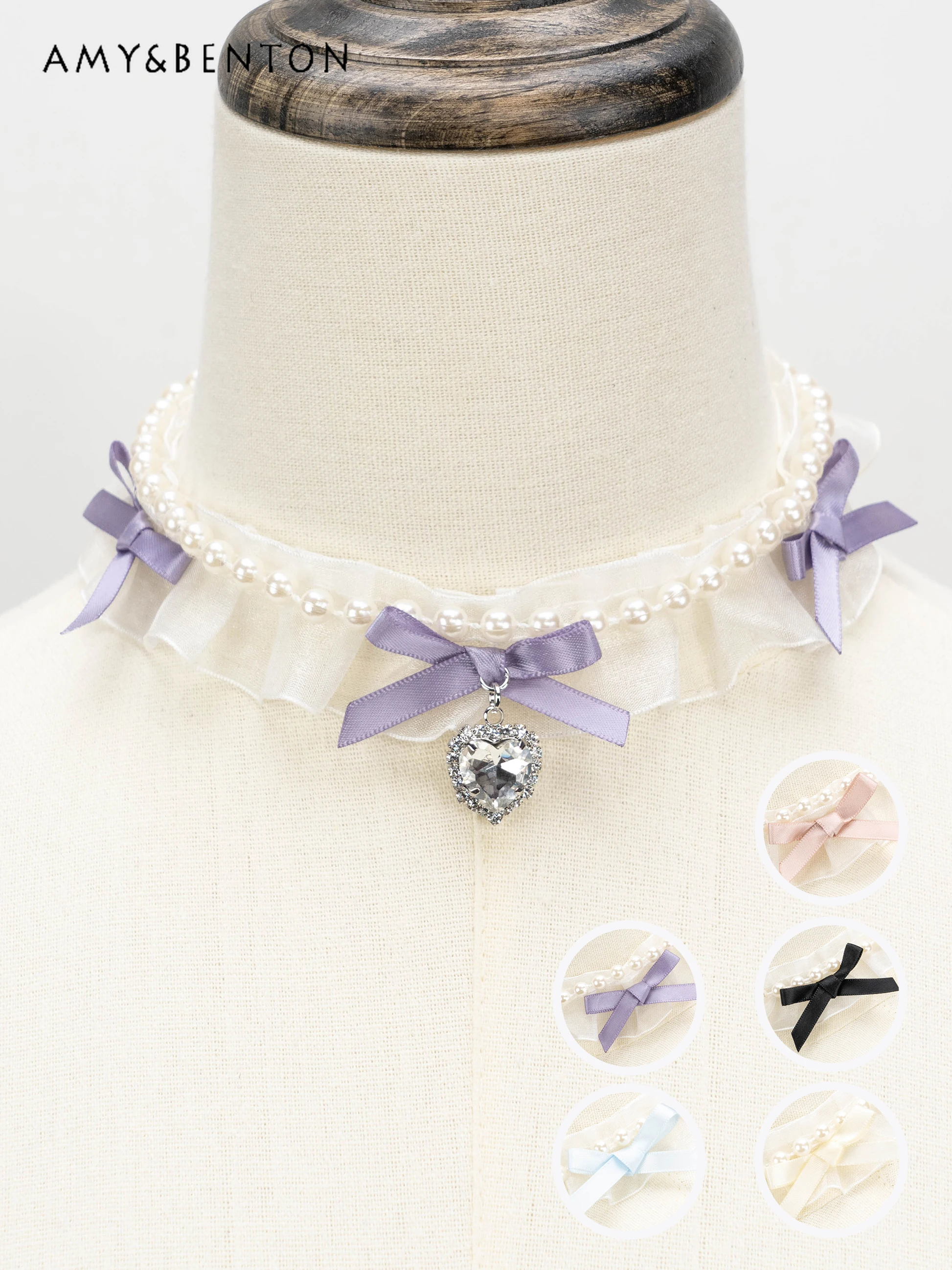 Japanese Mass-Produced Ruffled Pleated Mesh Sweet Bow Pearl Necklace Heart Rhinestone Pendant Cute Pendants Lolita Accessories