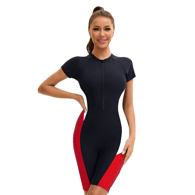 Women One Piece Rash Guard Swimsuit Front Zip Short Sleeve Color Block Knee Length Bathing Suit for Surfing Swimming Beach Pool