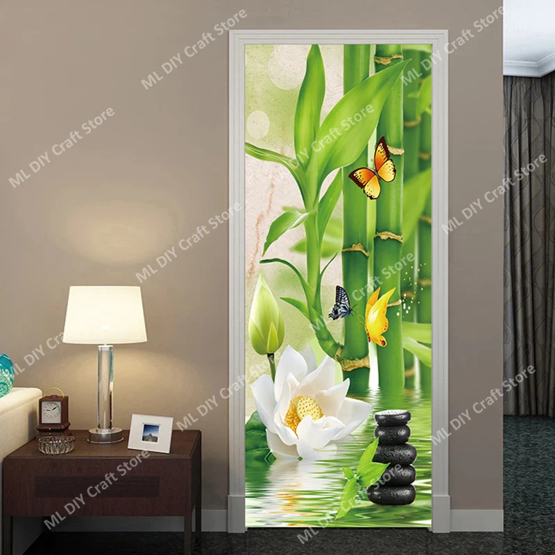 

Fresh Natural Bamboo Lily PVC Door Sticker Home Sticker Stone Home Entrance Bathroom Poster Art Mural Door Sticker Wallpaper