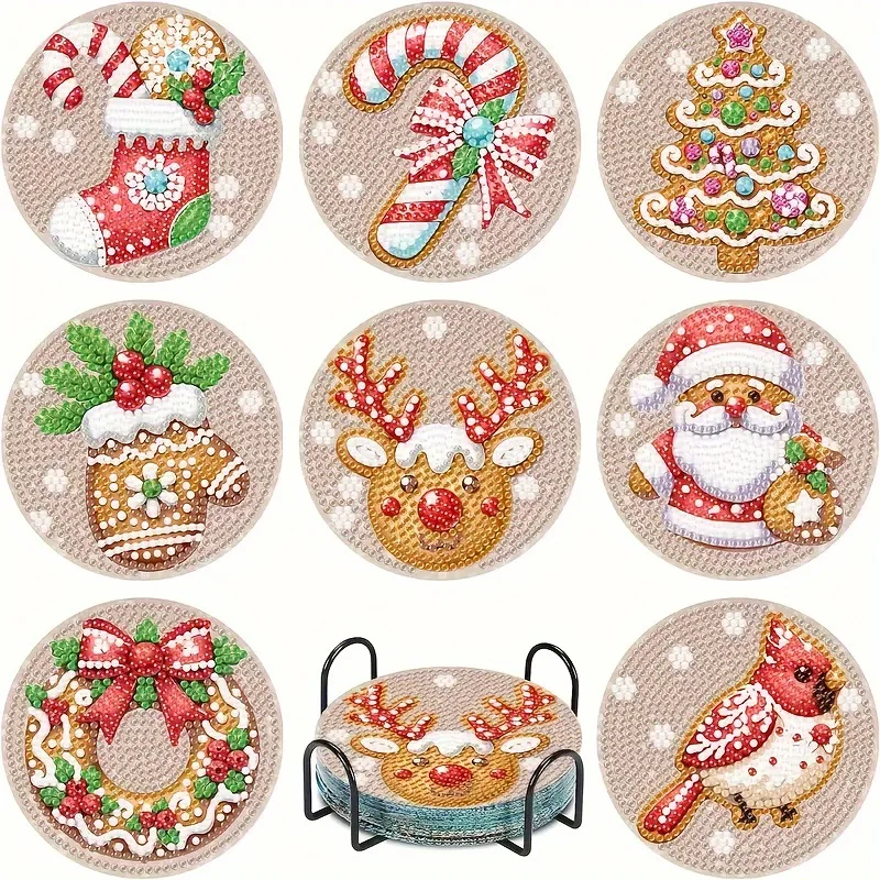 

Set of 8 diamond painting coasters with Christmas pattern coasters (with stand) — DIY diamond art craft kit for home decoration