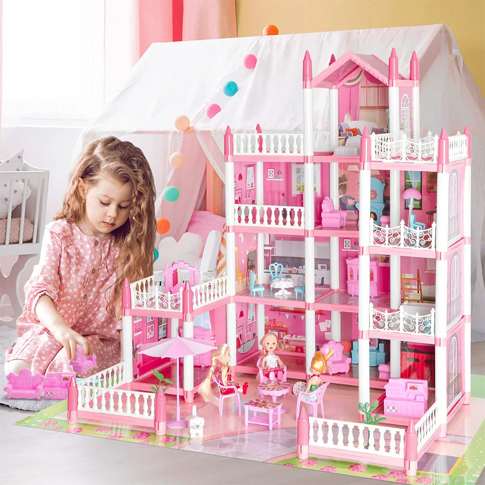 

Dreamy Dollhouse with 4 Dolls Toy Figures Playhouse Furniture and Accessories Set DIY House Model Landscape Gift Toy for Kids