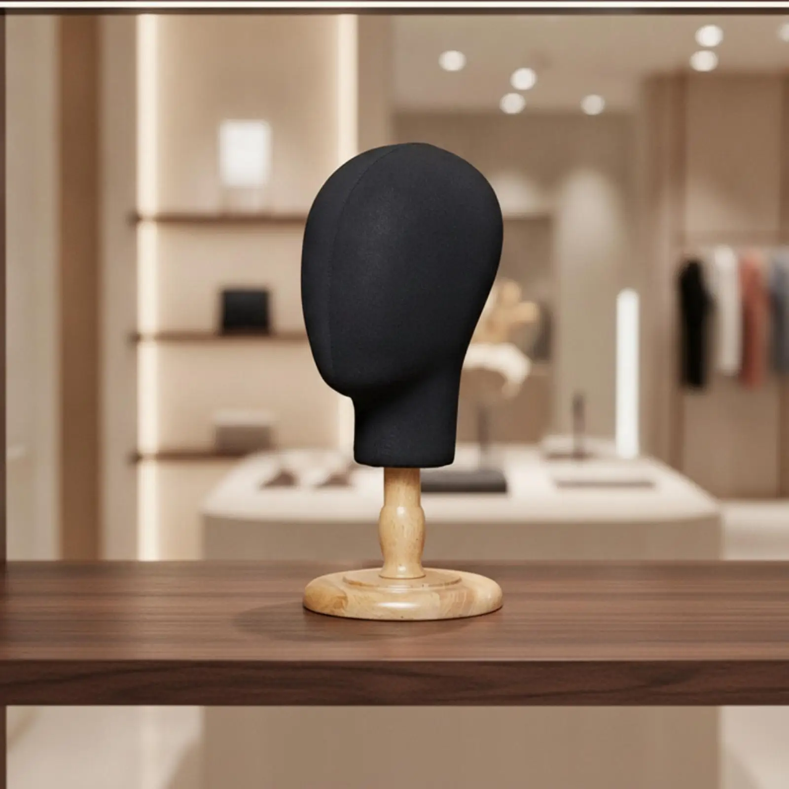 Freestanding Hat Display Mannequin Head Black Linen Cover Wood Round Base for Retail Shop Headwear Hat Showcase