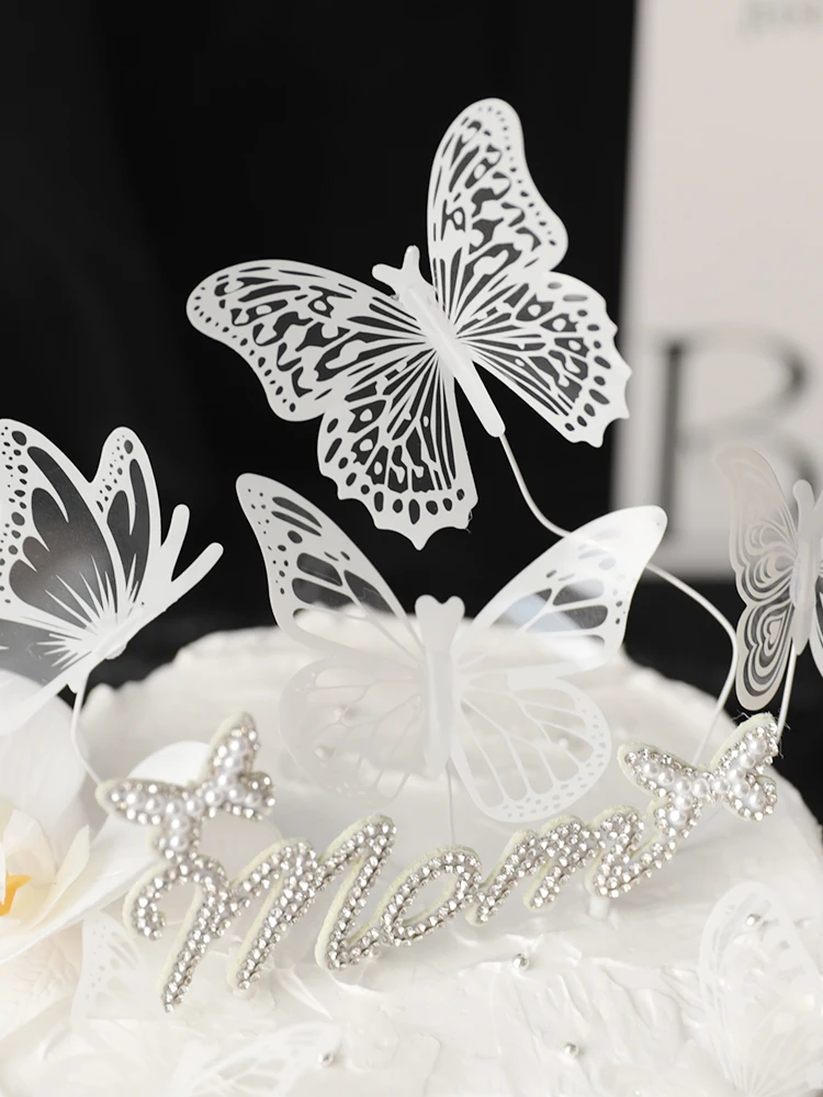 9/10pcs/set Butterfly Cake Topper White Simulation Butterflies for Wedding Mom Baby Shower Happy Birthday Party Cake Decorations