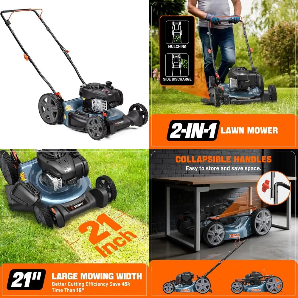 Cortador de grama a gás SENIX de 21 polegadas com motor Briggs & Stratton de 4 ciclos de 125cc, mulching e capacidades de descarga lateral, C ajustável