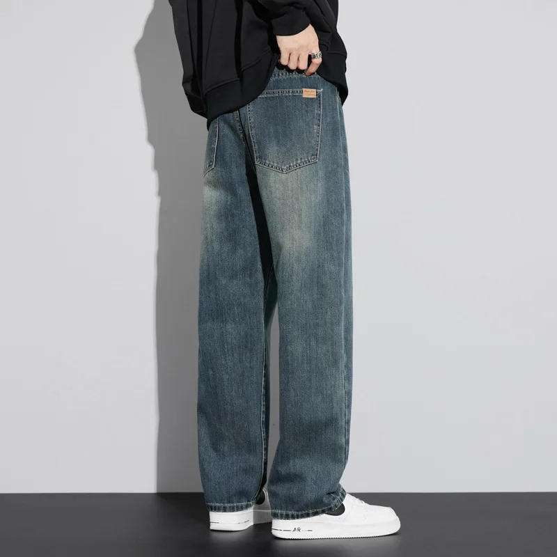 

Корейские флисовые джинсы с широкими штанинами, мужские зимние теплые утолщенные бархатные свободные прямые повседневные джинсовые брюки, корейские модные брюки