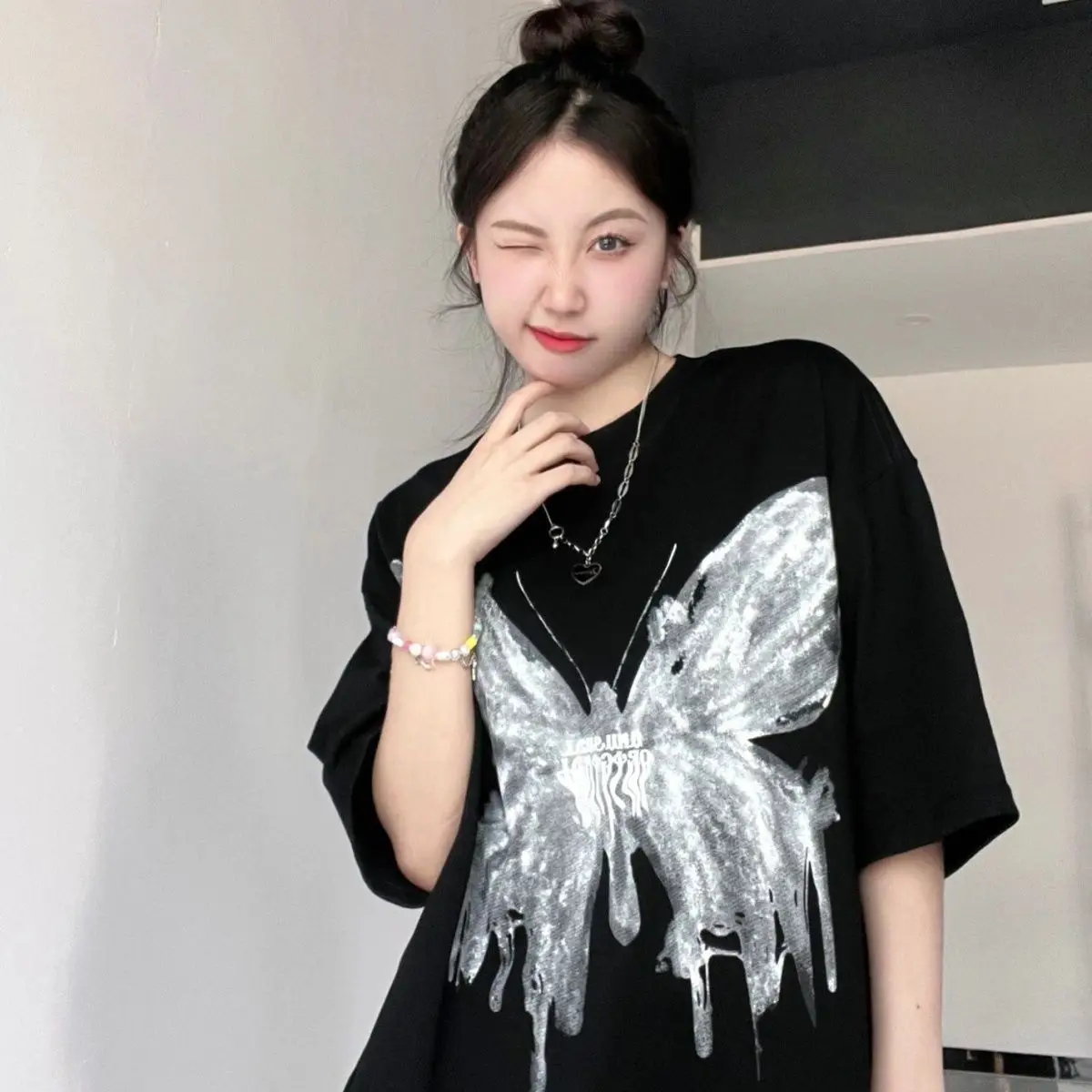 American ins trend retro butterfly print 100% cotton short sleeved t-shirt women new loose and versatile niche tops T-shirt y2k