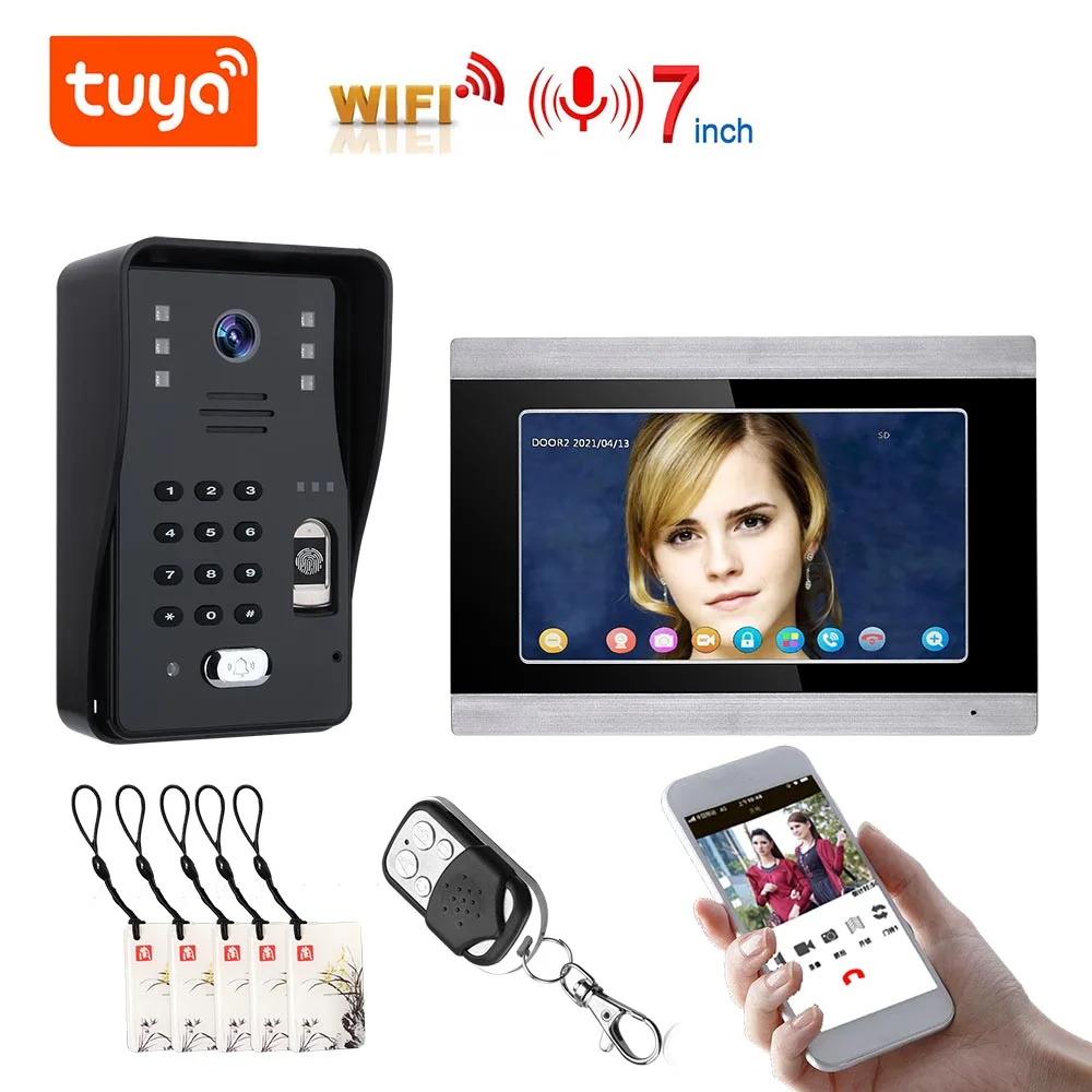 Videoportero TUYA de 7 pulgadas, WIFI, RFID, sistema de videoportero con huella dactilar, intercomunicador para el hogar, compatible con aplicación remota, grabación de desbloqueo