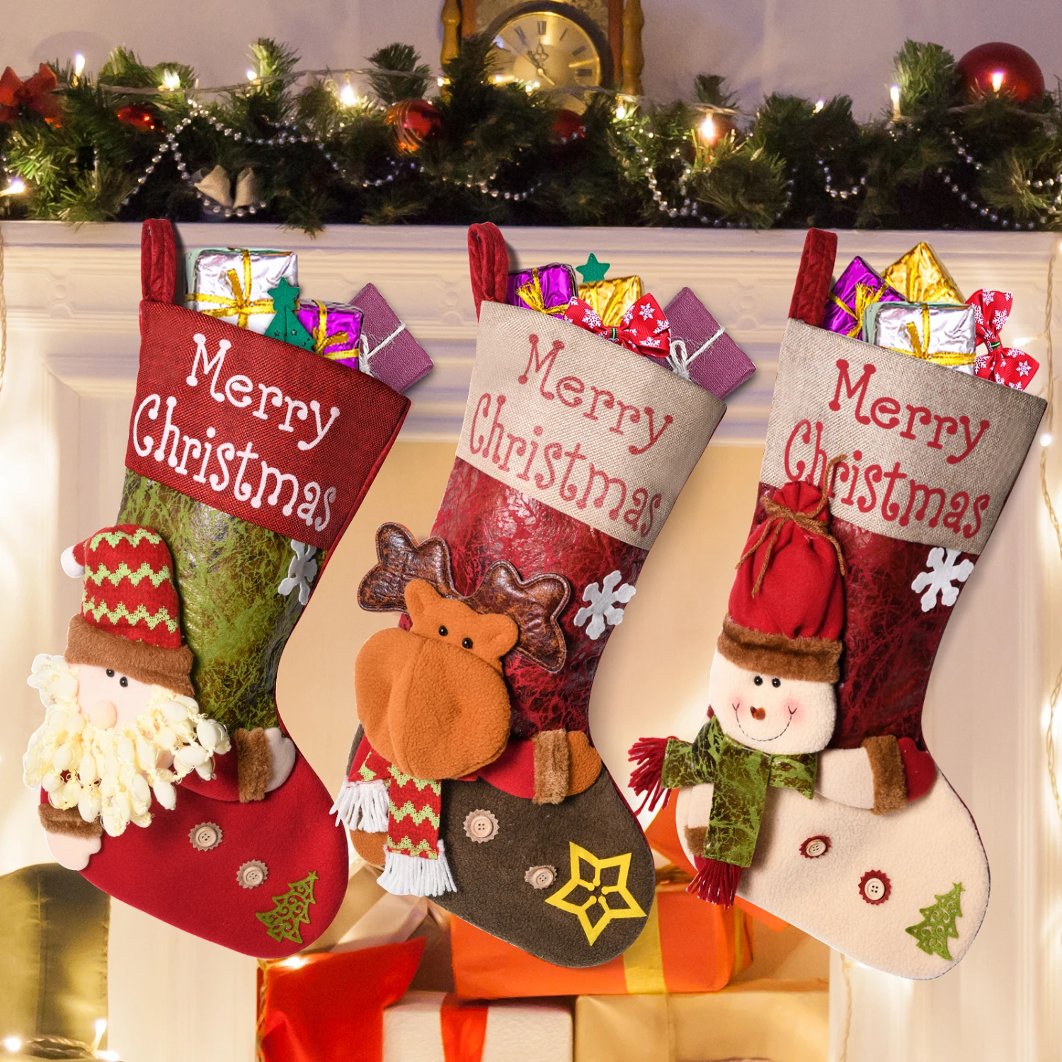 Stockings, 3  18'' Large Xmas Stockings Family  Decorations for Fireplace,  Tree, Door