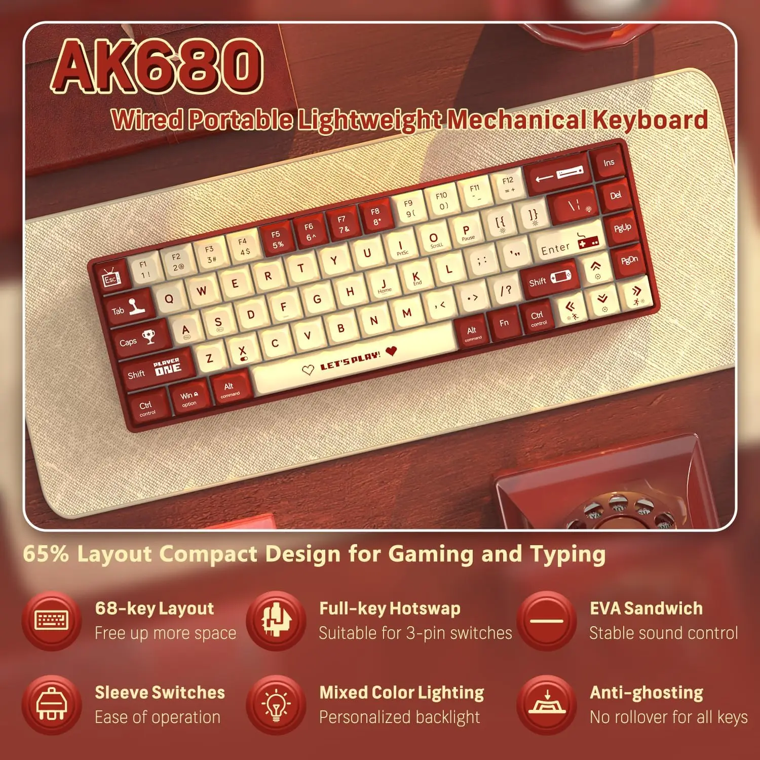 Ak680 68-Key Minimalist Mechanical Keyboard Lightweight and Ergonomic with RGB Lighting